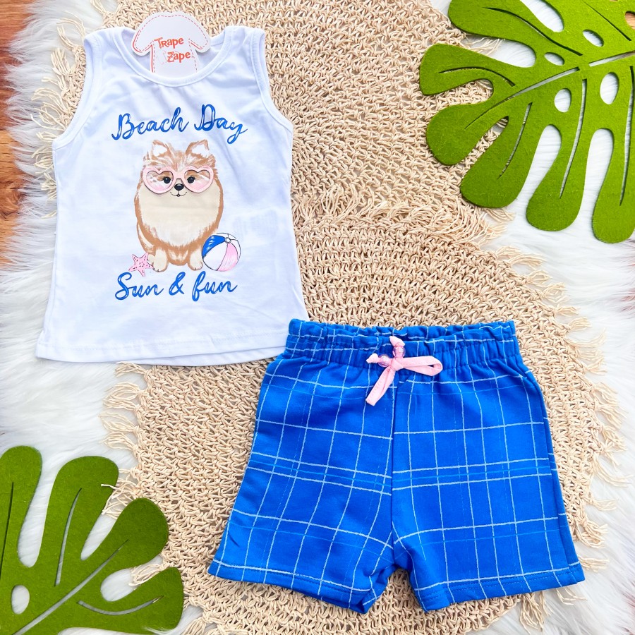  Conj. Regata Beach Dog e Short - Branco e Azul Jeans